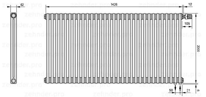 Схема (чертеж) Радиатор Zehnder Charleston 2200/31 №V002 Белый глянцевый RAL 9016